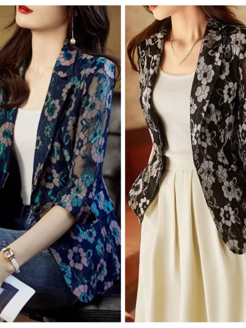 Women Floral Lace Floral Coat Jacket Blazer Hollow Out Top Elegant Office Work
